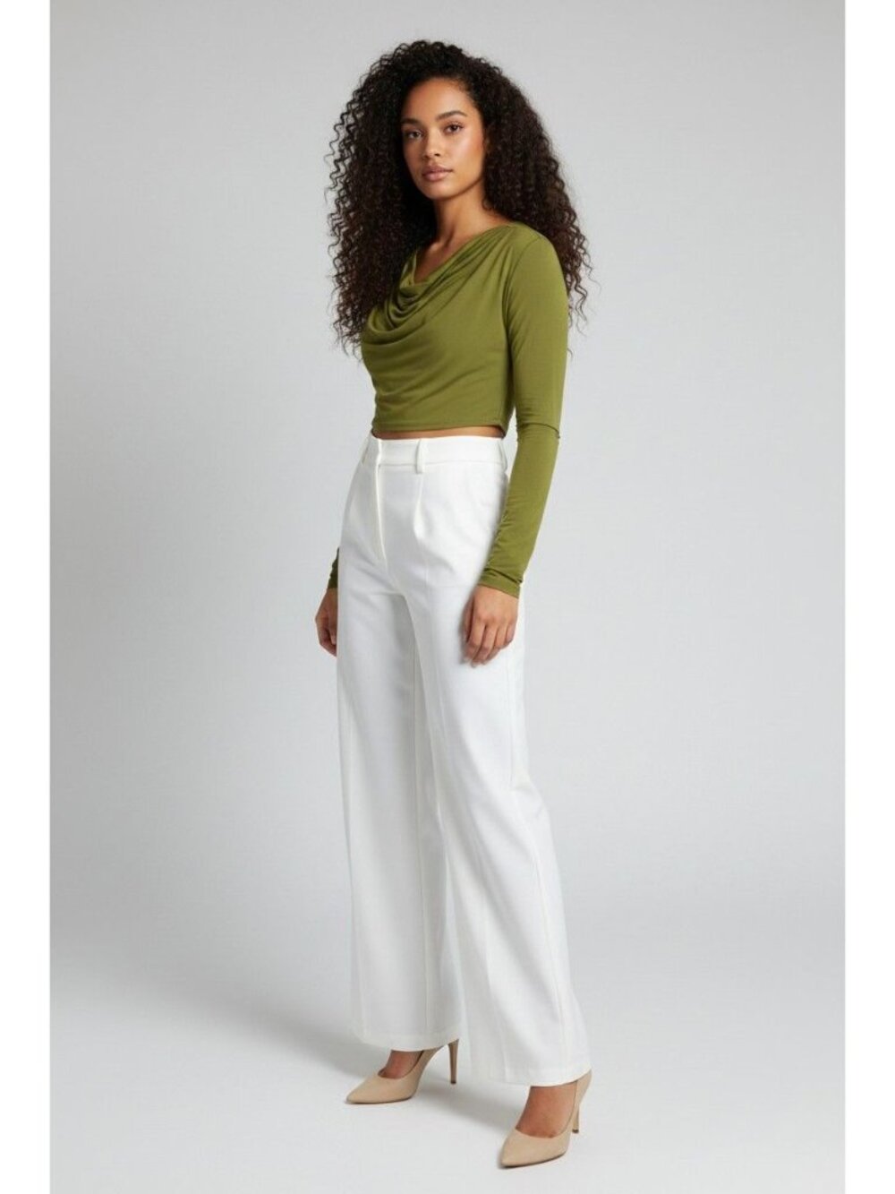 Open Edit Cowl Neck Long Sleeve Crop Top, Olive Sphagnum, XS